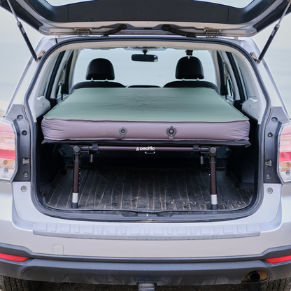 hideaway sleeping platform installed in subaru trunk