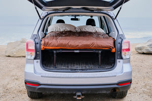 hideaway double sleeping platform in a subaru forester with aeronaut blanket